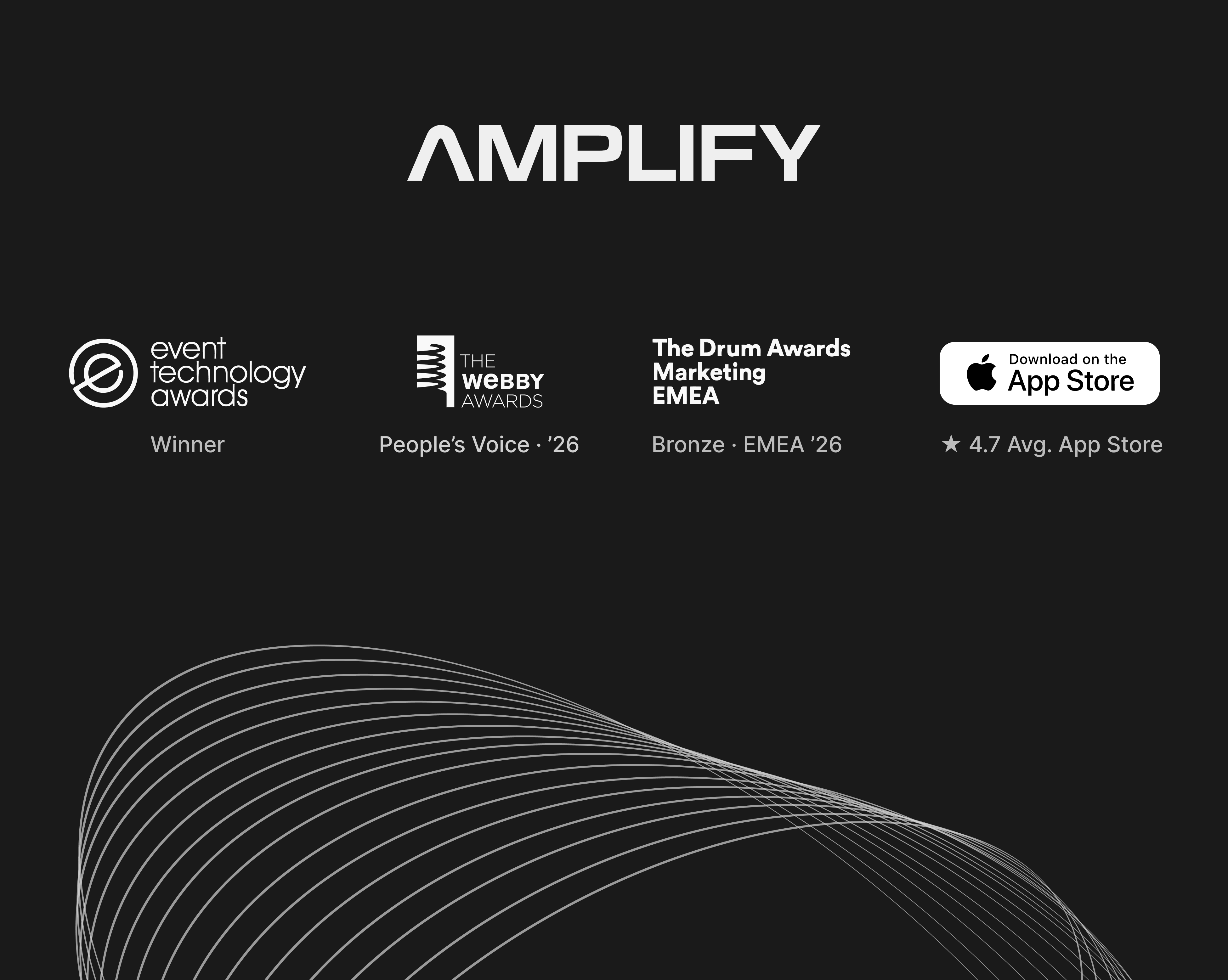 Amplify — winner of the Event Technology Awards, Webby Awards People's Voice 2026, bronze at The Drum Awards Marketing EMEA, 4.7 average App Store rating. Download on the App Store